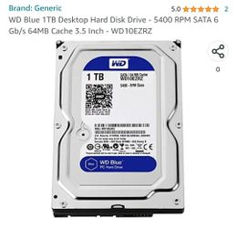 WD Blue 1TB Desktop Hard Disk Drive 5400 RPM SATA 6 Gb/s 64MB Cache 3.5 Inch WD10EZRZ
Western Digital