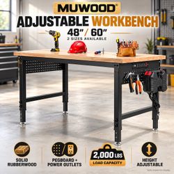 48" 60" Adjustable Workbench, Rubber Wood Shop Table with Peg Board and Power Outlets, Heavy-Duty 2000 Ibs Load Capacity