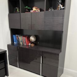 Modern Office Storage Cabinet with Hutch – Dark Gray