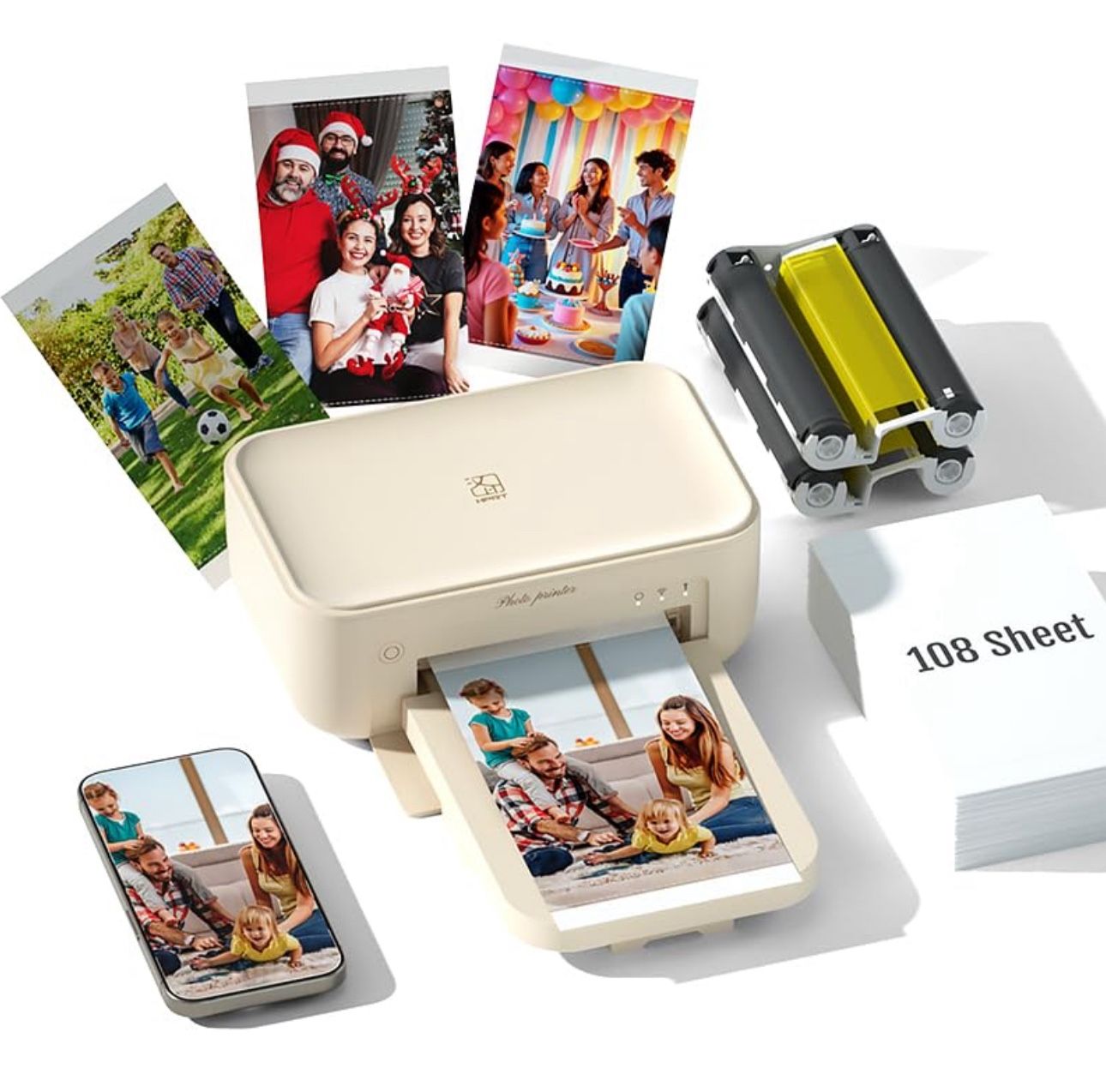 4x6 Photo Printer with 108 Sheets & 2 Cartridges - Dye Sublimation Wireless Portable Photo Printer for iPhone & Android