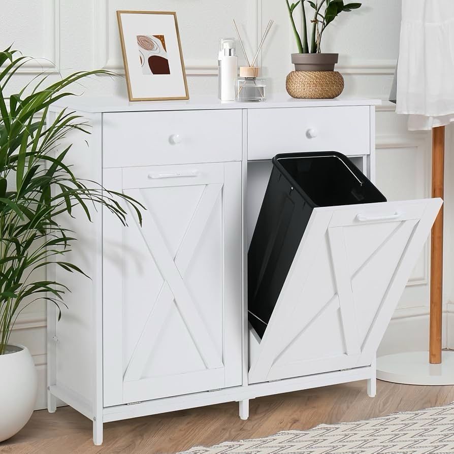 Double Tilt Out Trash Cabinet 10 Gallon*2,Kitchen Garbage Cabinet,Pet-Proof Standing Hidden Dual Laundry Sorter,W/Hideaway Drawer,for Kitch
