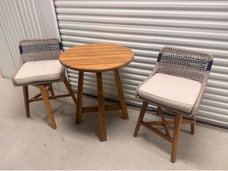 3-Piece Outdoor Wood Bistro Set with Woven Bar Stools