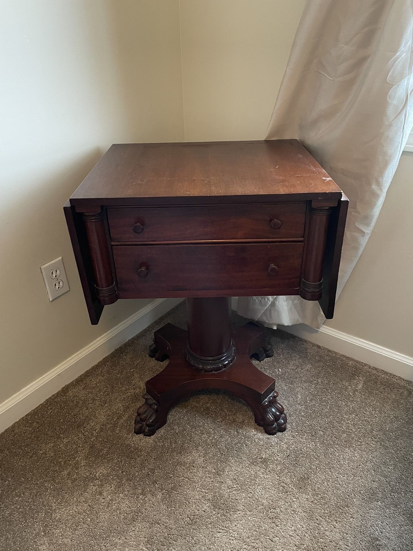 19th Century Antique, Two Drawer, Mahogany, Drop Leaf Side Table With Clawed Feet