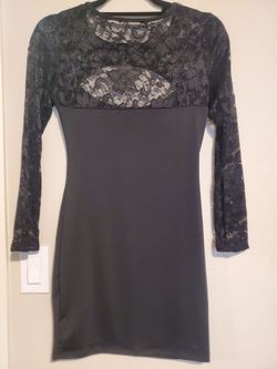 Like New Black Sheer Lace Long Sleeves Bodycon Mini Dress Oval Cut Out Design Back Size S