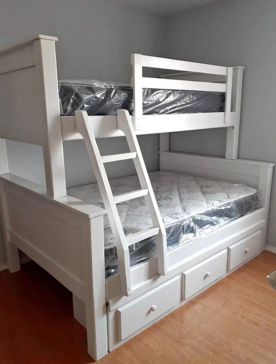 Twin Full White Wooden Bunk bed with storage drawers