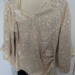 Blusa De Lentejuelas Brillante Para Mujer Con Manga 3/4 Y Cuello V Medida Mediana Color Beige 