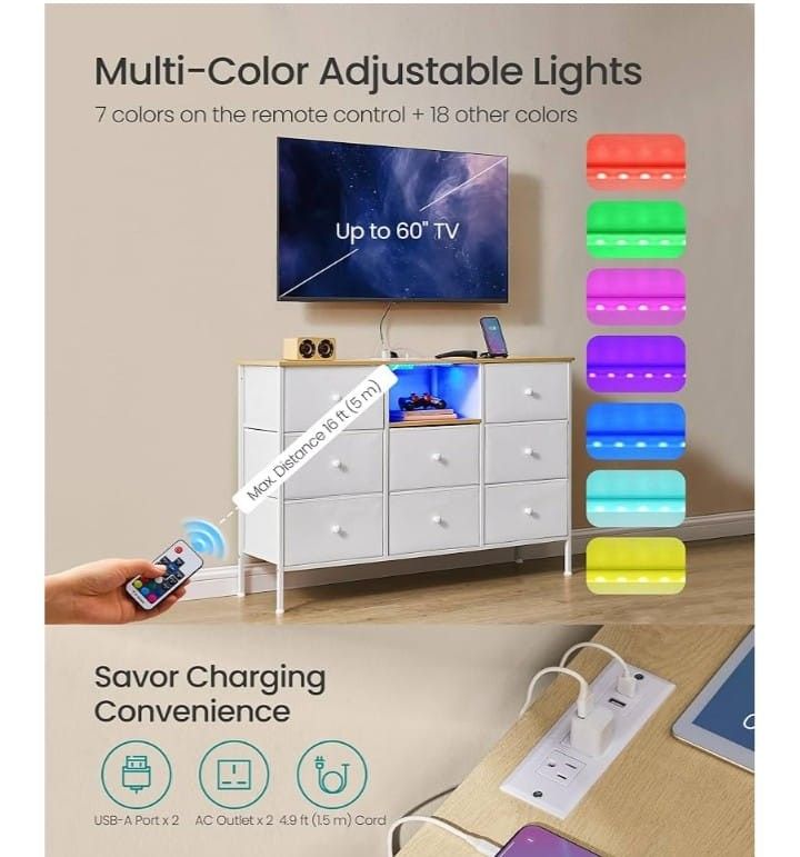 White Dresser With LED Lights And Power Outlets 