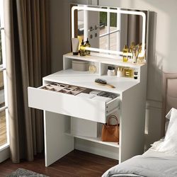 Dowinx Small Vanity Desk with Mirror and Lights, Small Makeup Vanity Desk with LED Lighted Mirror,