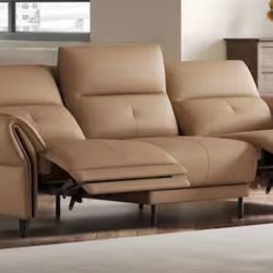 112.5-in. wide 40.1-in. deep dual motor recliner, Orange recliner, with adjustable headrest and USB port