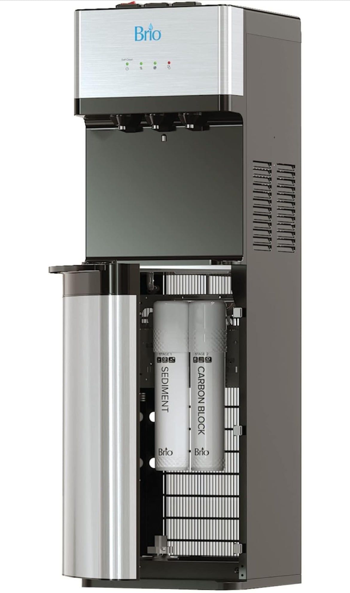 Brio 520 Bottleless Water Cooler Dispenser Stainless Steel with 2 Stage Filtration - Self Cleaning, Hot Cold and Room Temperature Water. 2 Free Extra