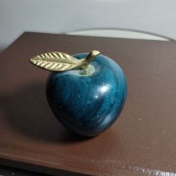 BLUE MARBLE - BRASS LEAF APPLE PAPERWEIGHT 3" - M06