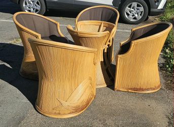 Mid Century Rare Set of Bamboo Rattan Parquetry Dining Chairs  And Table Base