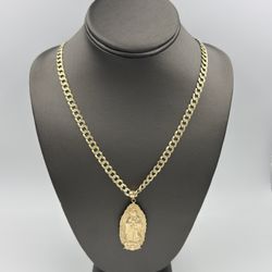14KT YELLOW GOLD 25” DIAMOND-CUT CURB LINK CHAIN 33.7GR 6.75MM W/ 14KT YELLOW GOLD RELIGIOUS CHARM 6.7GR 
