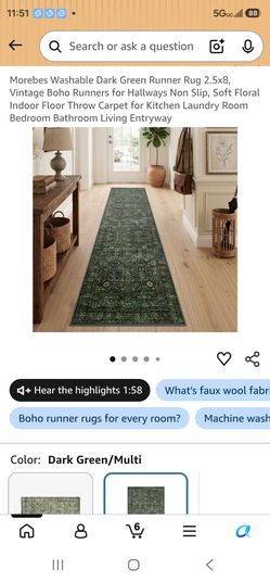 Morebes Washable Dark Green Runner Rug 2.5x8