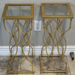 2 Small Gold Metal And Glass Side Tables 