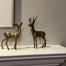MCM Vintage Pair Solid Brass Deer Xmas Christmas Sculptures