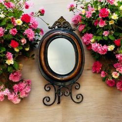 beautiful table mirror, wood and( iron?)..Excellent condition. Please see all photos as they are part of the item description. Measurements and detail