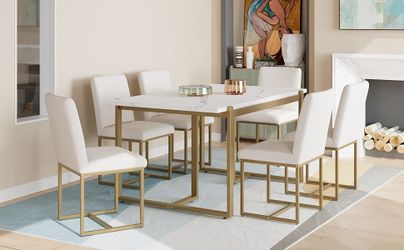 Modern Dining Table Set for 6 Faux Marble Kitchen Table Set with 6 Upholstered Dining Chairs, 7-Piece, White+Golden