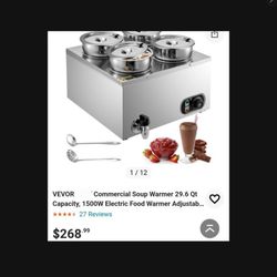 220V Commercial Soup Warmer 29.6 Qt Capacity, 1500W Electric Food Warmer Adjustab