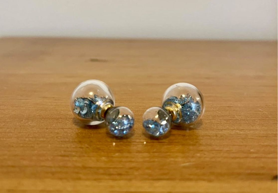 Turquoise Blue Crystals Double Back Glass Ball Earrings