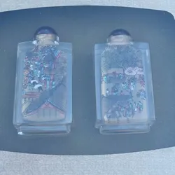 Pair of Chinese Inside Painted Snuff Bottles in Decorative Frame Antique Style
