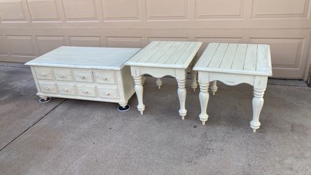 Two Country French  end tables along with a chest for TV stand Two  Country French end tables along with a chest for TV stand