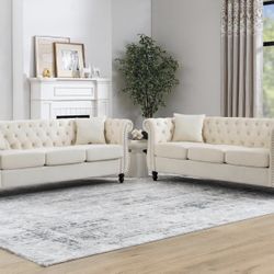 2 Piece 3-Seater Velvet Chesterfield Sofa for Living Room,Combination Sofa with 4 Pillows,Button Tufted Trimming Curved Backrest Rolled Arms with Blac