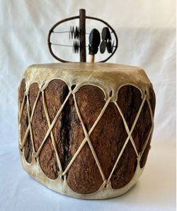 Handcrafted Native American Style Double Head Bark Log Drum w/ Beater & Rattle