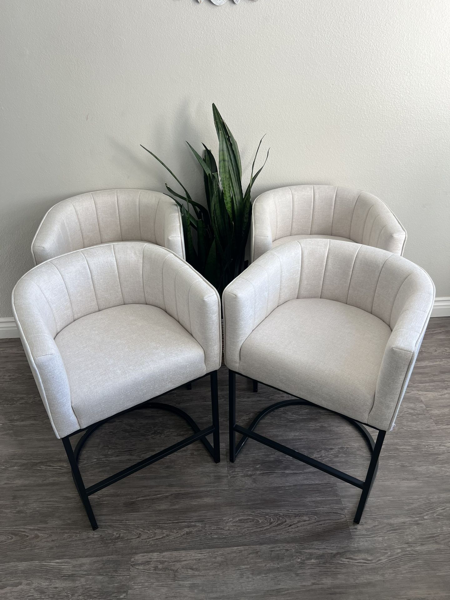 LUE BONA 26.4" H Counter Height Bar Stools Set of 4, Modern Barrel Counter Stools with Backrest and Arms, Black Metal Frame, Linen Fabric Upholstered 