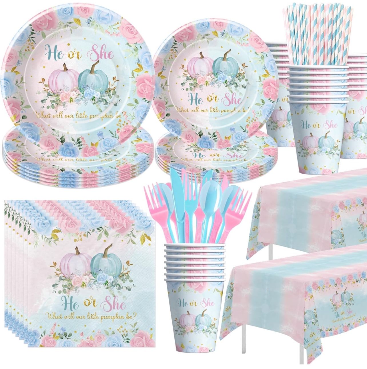 Pumpkin Gender Reveal Decorations, Little Pumpkin He Or She Gender Reveal Party Supplies, Plate, Cup, Napkin, Tablecloth, Cutlery, Pumpkin Thanksgivin