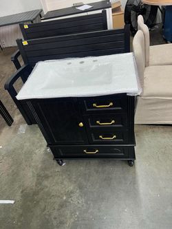 Christopher Knight Home 30" Bathroom Vanity with Ceramic Sink, Bathroom Storage Cabinet with Door Hinges, 3 Drawers, Acacia Wood Legs & MDF Board, Met