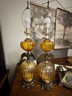 Antique Lamps With Brass Eagles And Amber Balls. 32 Inches Tall