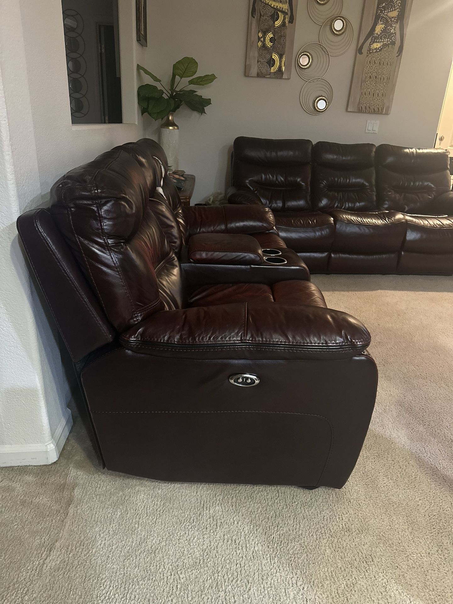 (Furniture Restoration) Brown Faux Leather Power Sofa ( Recliners, Cup Holders & storage) 