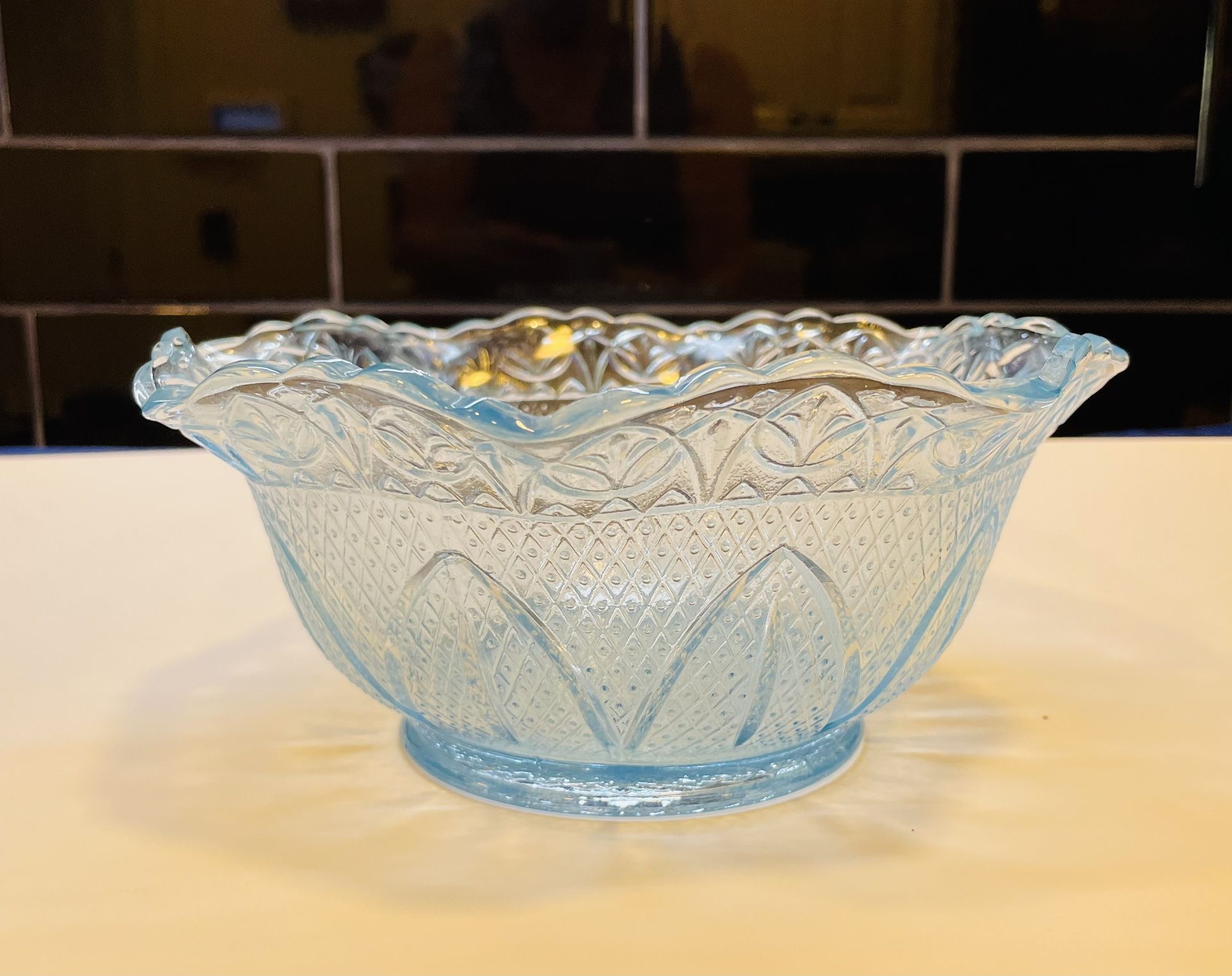 Vintage Princess House Capri Blue Textured Pressed Glass Bowl 