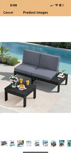 SERWALL HDPE Outdoor Furniture Set, 2 Seats Outdoor Sectional with Coffee Table, All Weather Patio Sofas, Outdoor Conversation Sets with Adjustable Ba