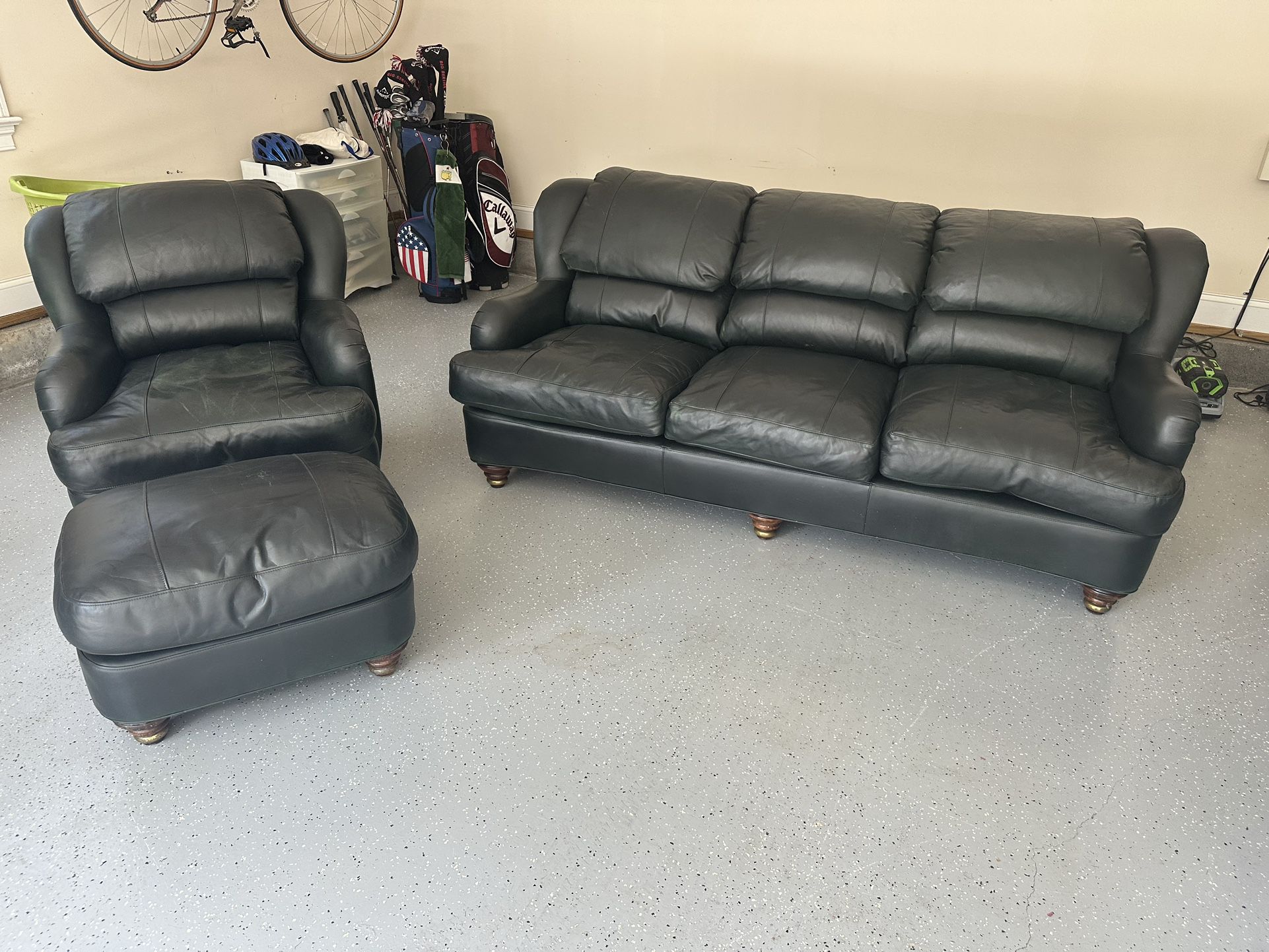 Delivery Included! - Dark Green Leather craft Sofa, Chair, and Ottoman 