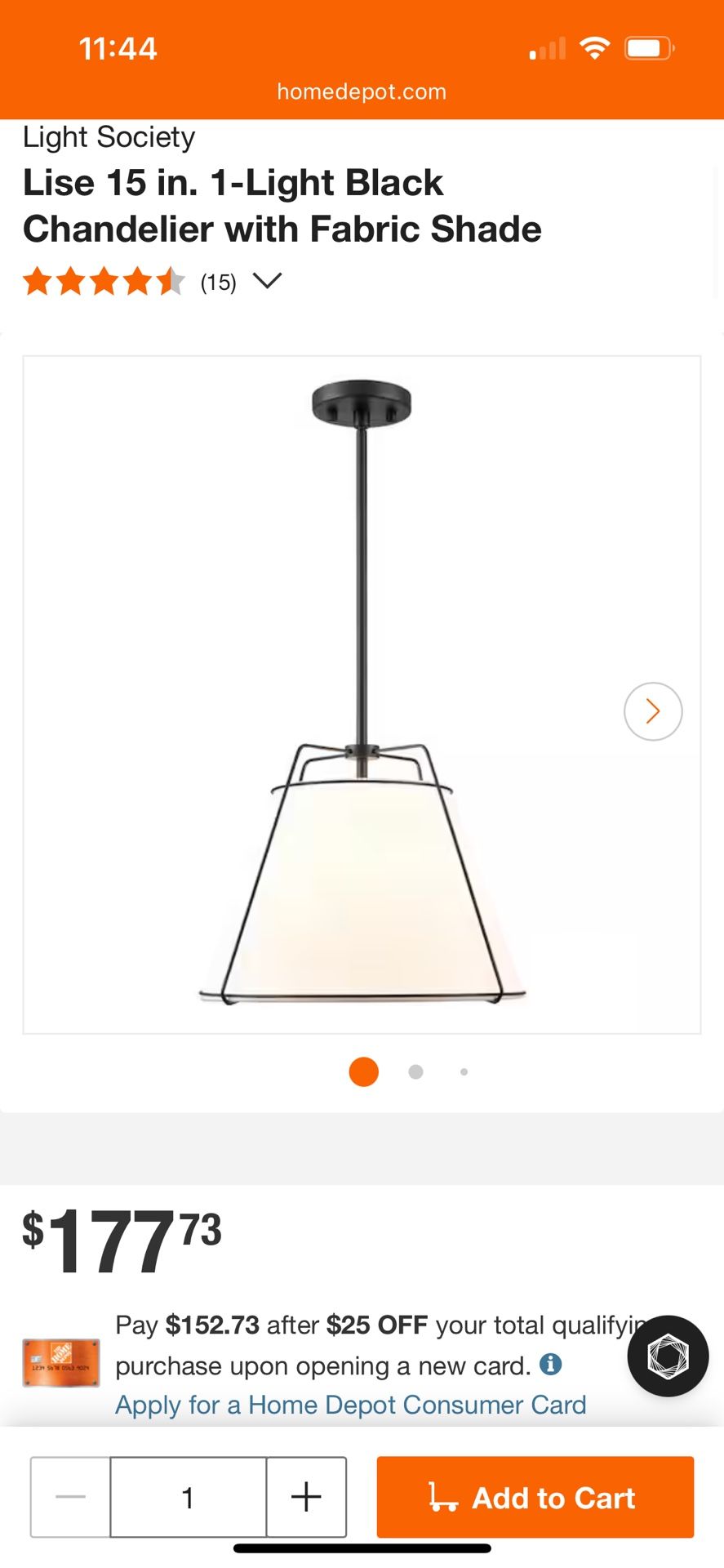 Lise 15 in. 1 Light Black Chandelier with Fabric Shade