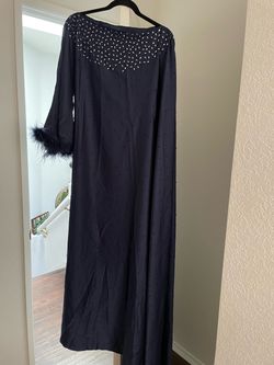 Navy Blue Maxi Dress with Rhinestones and Feather Cuffs free size
