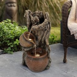 Pots outdoor Fountain with LED Lights – Brown Resin Farmhouse Tree Design ,F1603