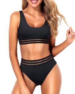 Tempt Me Women Black Sport High Waisted Bikini Two Piece Swimsuit Scoop Neck Bathing Suit With Bottoms M