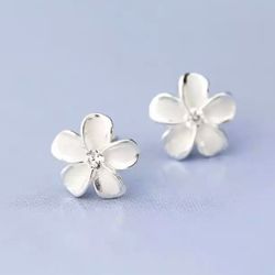 Sterling Silver Crystal Flower Minimalist STUD Earrings 