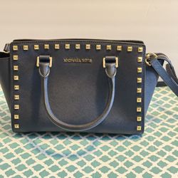 Michael Kors Selma Gold Studded Saffiano Blue Leather Satchel
