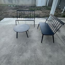 Set of 2 Threshold Windsor Metal Stack Patio Benches and 1 Round Steel Outdoor Coffee Table