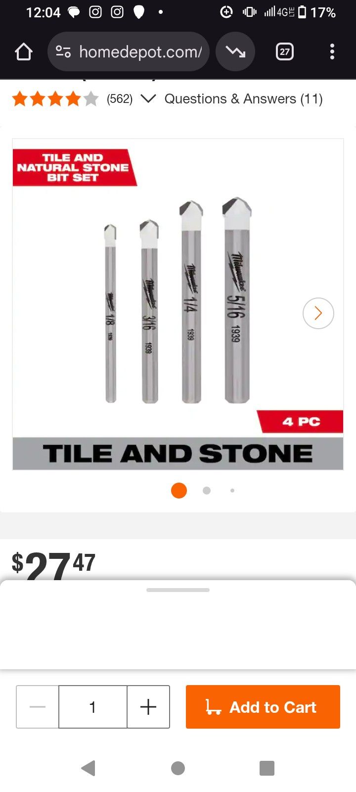 Milwaukee Carbide Natural Stone And Tile Drill Bit (4pk)