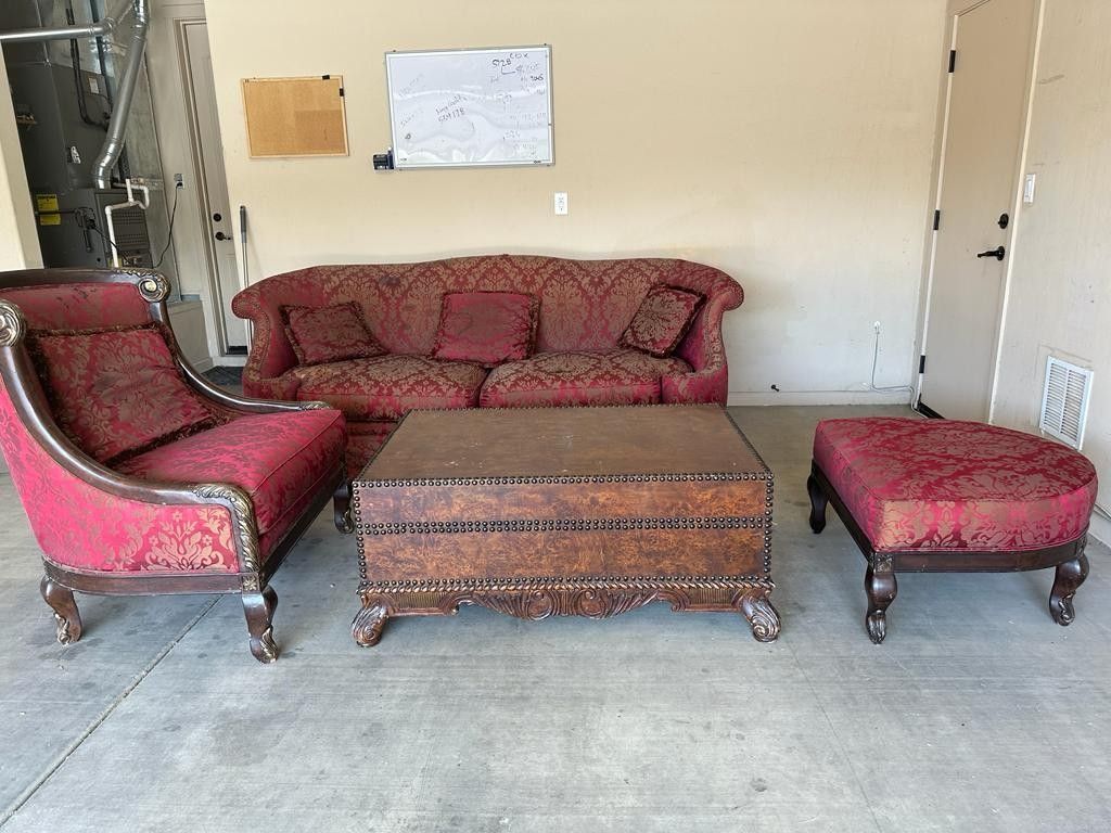 Gorgeous Antique Living Room Set. Sofa, Lounge Chair, Ottoman and Trunk Style Coffee table.