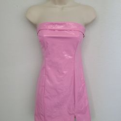 Shein Sexy Pink Strapless Lined Latex Feel Mini Dress Zipper Sz S Petite