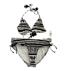 NWT LOFT Black & White Tribal Print String Bikini set size medium . Two-piece bikini with bold tribal and stripe mix. Triangle-style top with self-tie