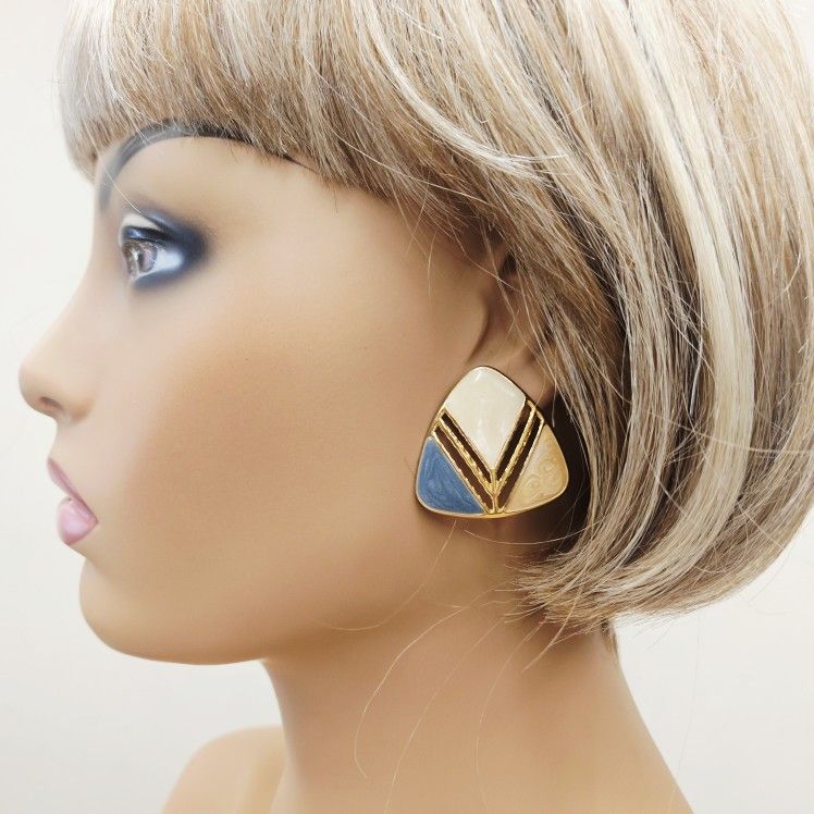 80s Vintage EDGAR BEREBI Tricolor Enamel Triangle Earrings Blue Peach Off White