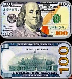 1 Colorized Gram .999 Fine Silver Replica Of $100 Bill