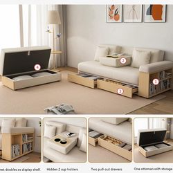 Asucoora 82.3 Inch White Leather Upholstered Sofa Bed with Storage Underneath, Folding Sofa Bed with Storage Drawers, Small Living Room Sofa